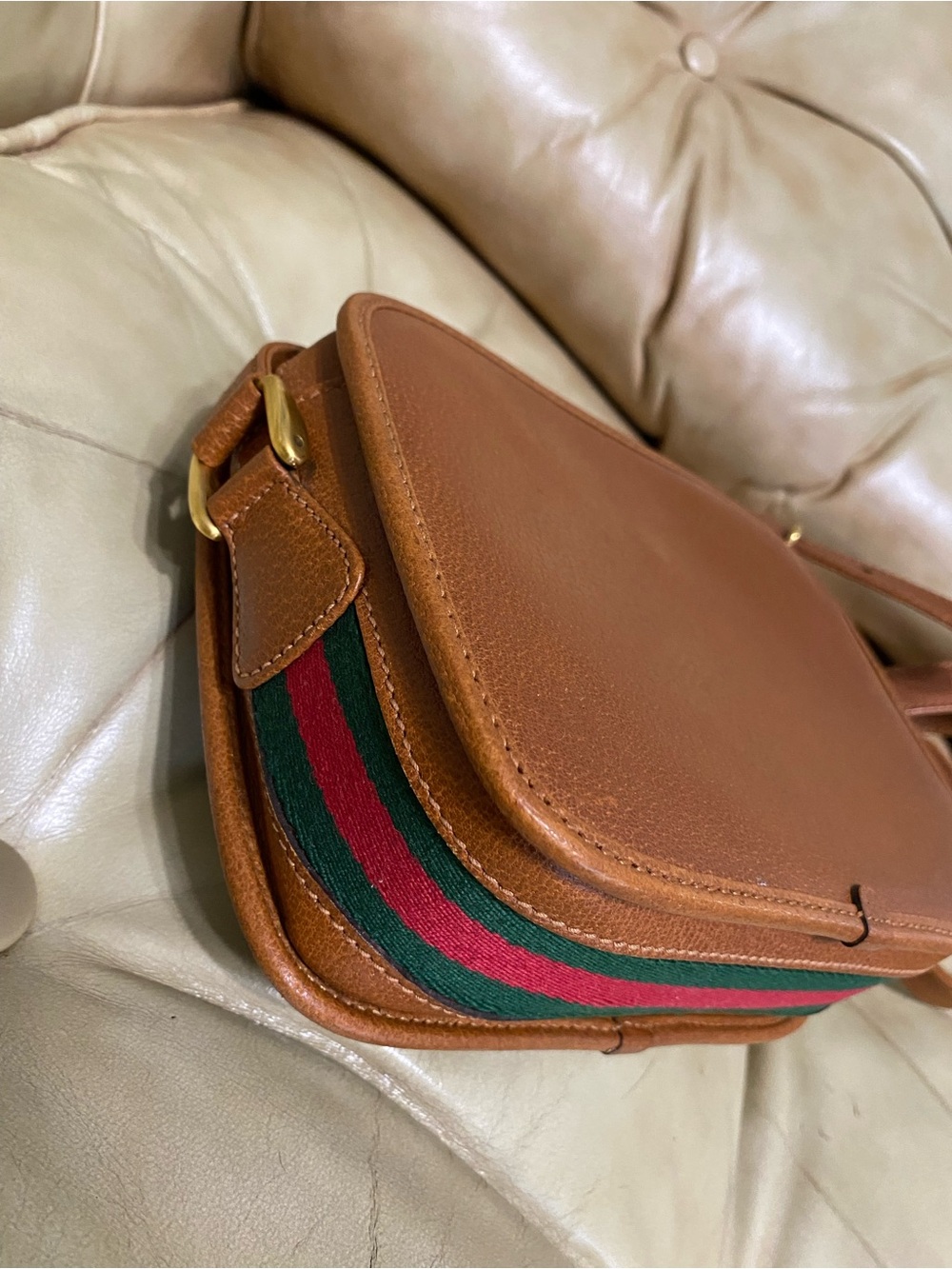 RARE Gucci Vintage Camera Bag COA Web Stripe Crossbody Cognac Leather - Picture 7 of 16